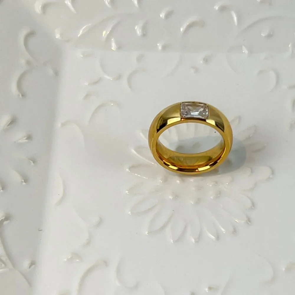 Gold Thick Band Ring With Stone Gold Chunky Ring for Women 18k Gold Plated Ring - Picture 9 of 15